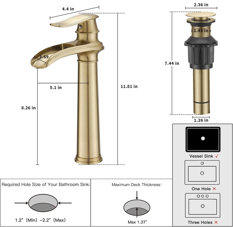 BWE Bathroom Vessel Sink Faucet Waterfall Spout Single Handle One Hole Solid Brass Deck Mount Brushed Gold Lavatory Mixer Tap Lavatory Vanity Sink Faucet with Pop Up Drain - Image 5
