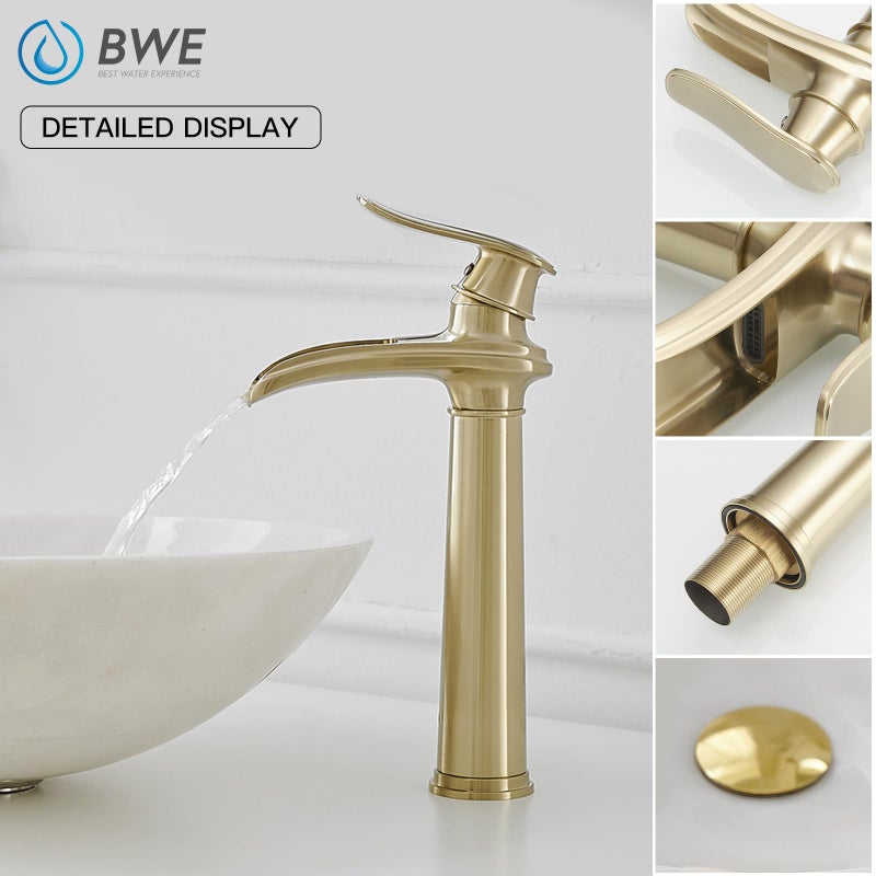 BWE Bathroom Vessel Sink Faucet Waterfall Spout Single Handle One Hole Solid Brass Deck Mount Brushed Gold Lavatory Mixer Tap Lavatory Vanity Sink Faucet with Pop Up Drain - Image 3