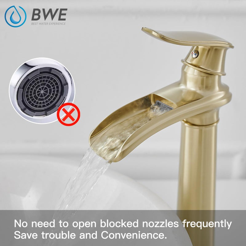 BWE Bathroom Vessel Sink Faucet Waterfall Spout Single Handle One Hole Solid Brass Deck Mount Brushed Gold Lavatory Mixer Tap Lavatory Vanity Sink Faucet with Pop Up Drain - Image 4