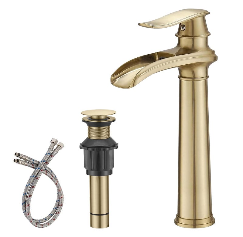 BWE Bathroom Vessel Sink Faucet Waterfall Spout Single Handle One Hole Solid Brass Deck Mount Brushed Gold Lavatory Mixer Tap Lavatory Vanity Sink Faucet with Pop Up Drain - Image 1