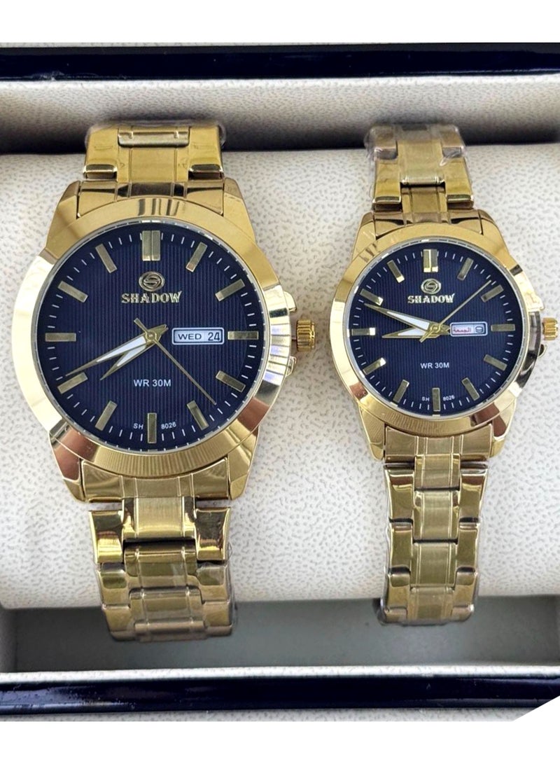 شادو طقم ساعات زوجية شادو فاخرة - وظيفة اليوم والتاريخ (عربي / إنجليزي) - تصميم كلاسيكي متناسق - Image 1