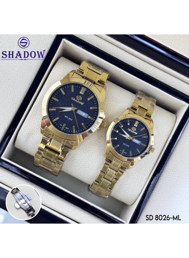 شادو طقم ساعات زوجية شادو فاخرة - وظيفة اليوم والتاريخ (عربي / إنجليزي) - تصميم كلاسيكي متناسق - Image 2