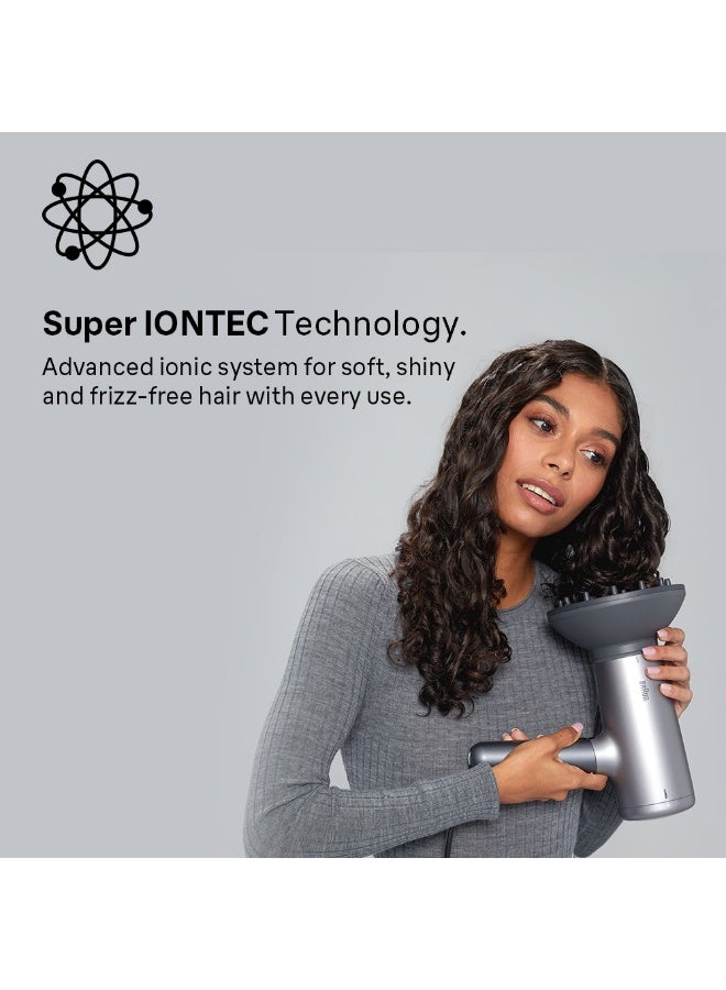 براون مجفف شعر براون بمحرك HTDC، قوة 2200 واط، خاصية Super IONTEC، تحكم باللمس، 3 أوضاع تسخين، فوهة تصفيف، ملحق مشط فرد، موزع تجعيد الشعر، BRHD435SDE - Image 2