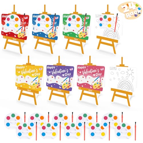 GOAUS Valentines Day Gifts for Kids 24 Pack EaselShaped Valentines Cards with Watercolor Paint Sets for School Boys Girls Classroom Preschool Party Favors Class Prizes - Image 1