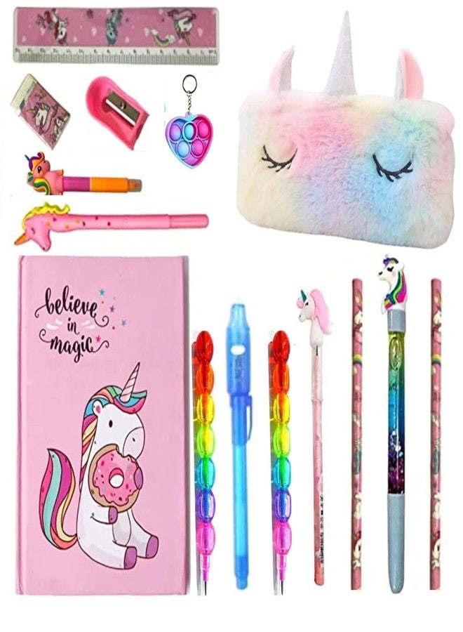 Neel Unicorn Fur Stationery Combo Set Unicorn Pencil Pouch Diary with Stationeries for Kids Unicorn Stationery Set (Random Design, Pack of 15, Multicolour) (Combo(15pc))