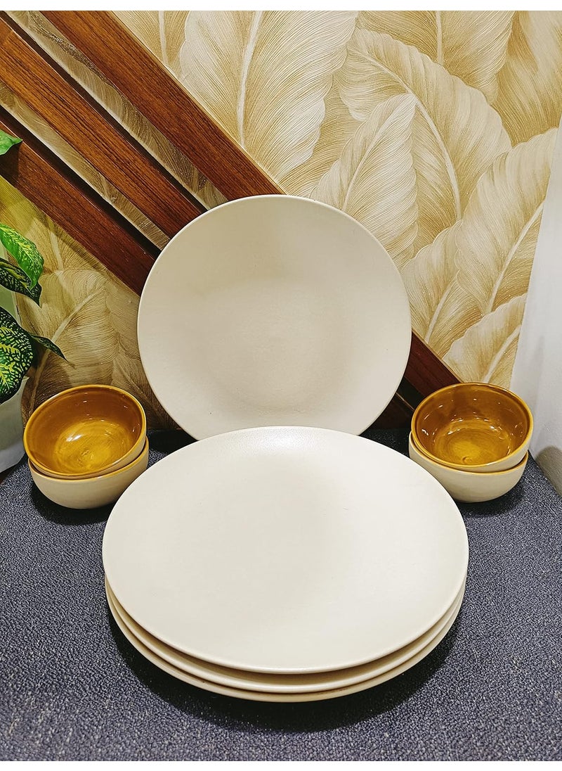 Caffeine Caffeine Ceramic Stoneware Handmade White Matte Combo Dinner Set of 8 (4 Dinner Plate, 4 Katori Bowl)  - Image 1