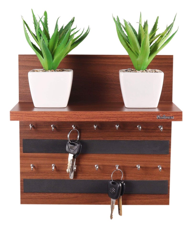 Madhuran Rcbi Engineered Wood Wall Hanging Display Key Holders Stand Shelves (14 Hooks Teak) Keychain Holder Home Decor Stylish Stand Multipurpose Hanger Self Shelf - Image 1