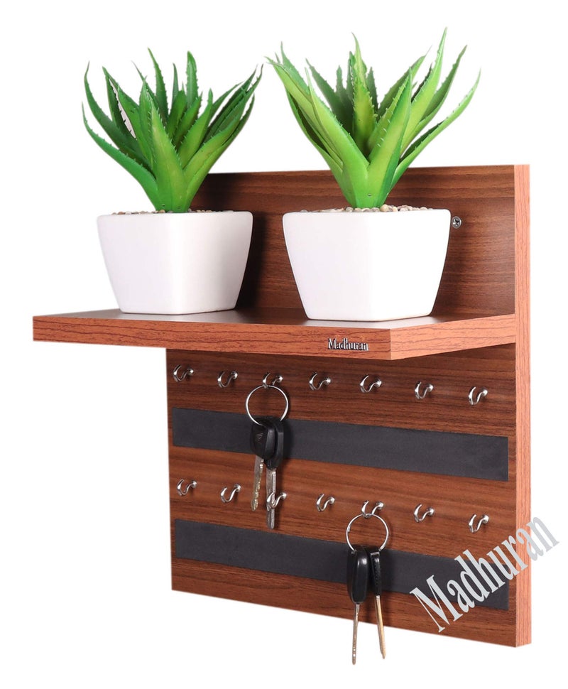 Madhuran Rcbi Engineered Wood Wall Hanging Display Key Holders Stand Shelves (14 Hooks Teak) Keychain Holder Home Decor Stylish Stand Multipurpose Hanger Self Shelf - Image 2