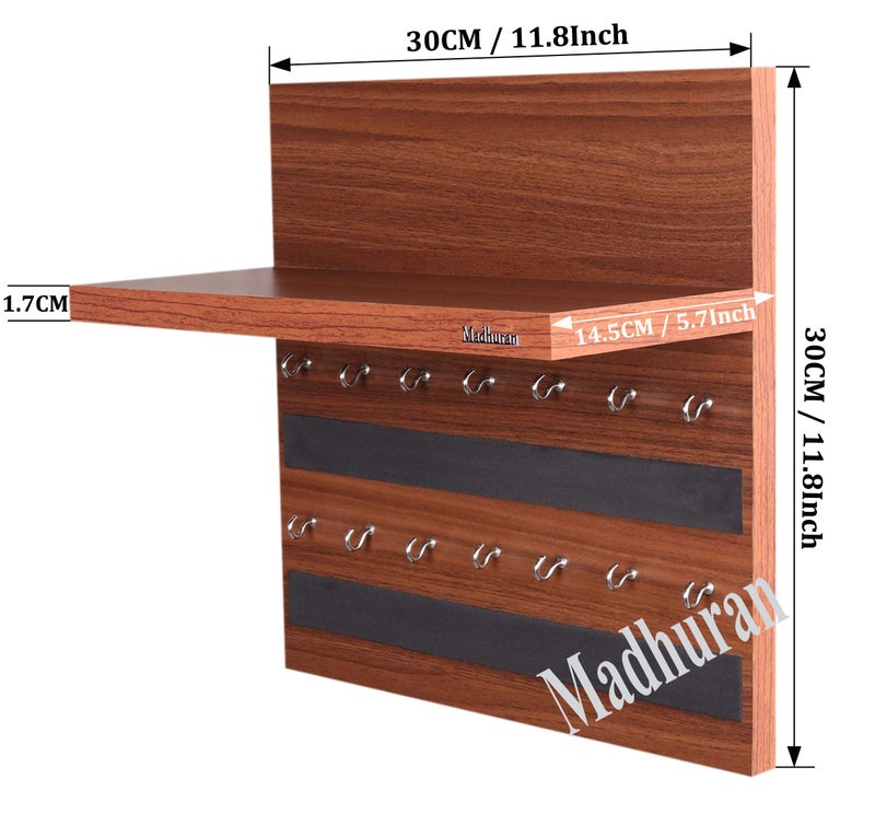 Madhuran Rcbi Engineered Wood Wall Hanging Display Key Holders Stand Shelves (14 Hooks Teak) Keychain Holder Home Decor Stylish Stand Multipurpose Hanger Self Shelf - Image 5