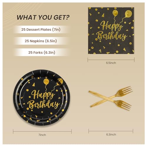 PUEVENYI 75PCS Happy Birthday Paper Plates - 7 Inch Black Gold Dot Paper Plates and 6.5 Inch Napkins with 6.3 Inch Gold Forks Disposable Tableware Set for Birthday Party Decorations, Serves 25 - Image 2