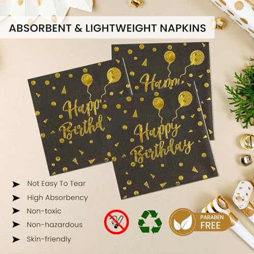 PUEVENYI 75PCS Happy Birthday Paper Plates - 7 Inch Black Gold Dot Paper Plates and 6.5 Inch Napkins with 6.3 Inch Gold Forks Disposable Tableware Set for Birthday Party Decorations, Serves 25 - Image 4