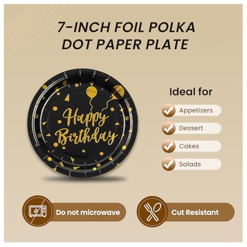 PUEVENYI 75PCS Happy Birthday Paper Plates - 7 Inch Black Gold Dot Paper Plates and 6.5 Inch Napkins with 6.3 Inch Gold Forks Disposable Tableware Set for Birthday Party Decorations, Serves 25 - Image 3