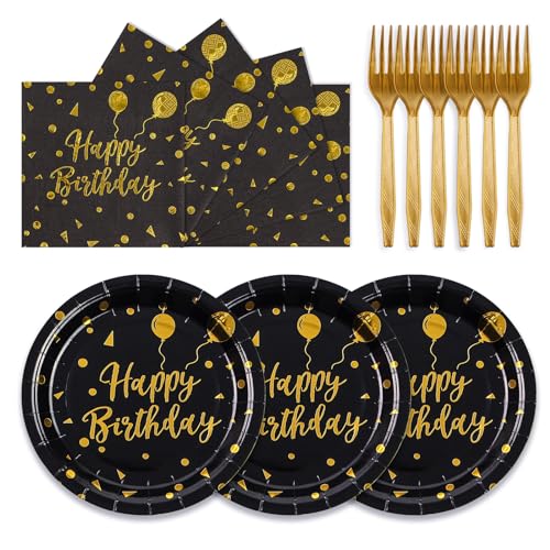 PUEVENYI 75PCS Happy Birthday Paper Plates - 7 Inch Black Gold Dot Paper Plates and 6.5 Inch Napkins with 6.3 Inch Gold Forks Disposable Tableware Set for Birthday Party Decorations, Serves 25 - Image 1