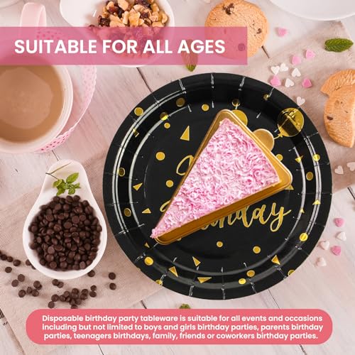 PUEVENYI 75PCS Happy Birthday Paper Plates - 7 Inch Black Gold Dot Paper Plates and 6.5 Inch Napkins with 6.3 Inch Gold Forks Disposable Tableware Set for Birthday Party Decorations, Serves 25 - Image 5