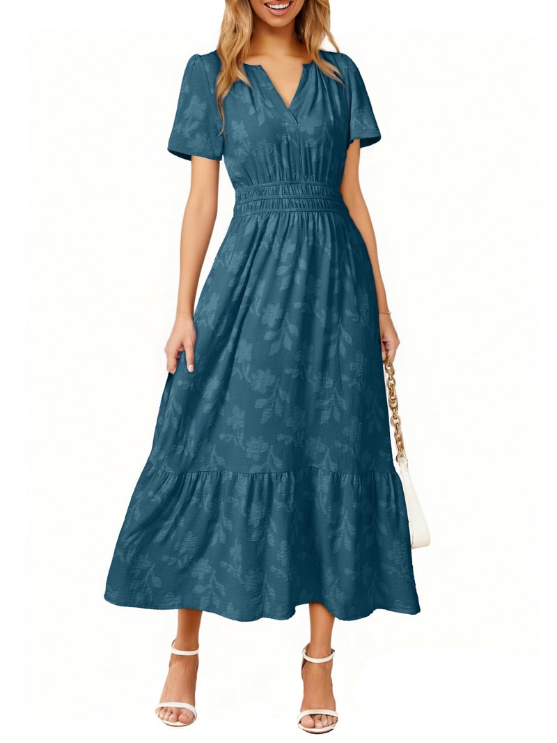 Simplee Womens Summer Boho Maxi Dress Semi Formal Wedding Guest Short Sleeve V Neck Empire Waist Floral Long Dresses Lake Blue S - Image 1