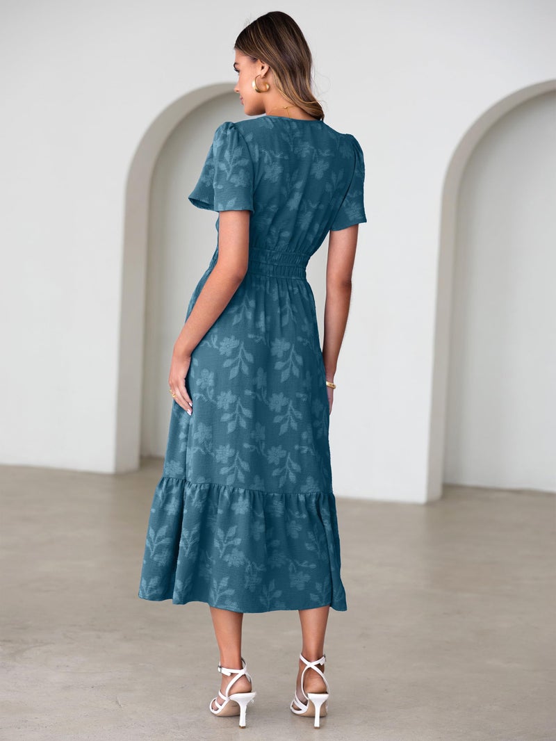 Simplee Womens Summer Boho Maxi Dress Semi Formal Wedding Guest Short Sleeve V Neck Empire Waist Floral Long Dresses Lake Blue S - Image 4