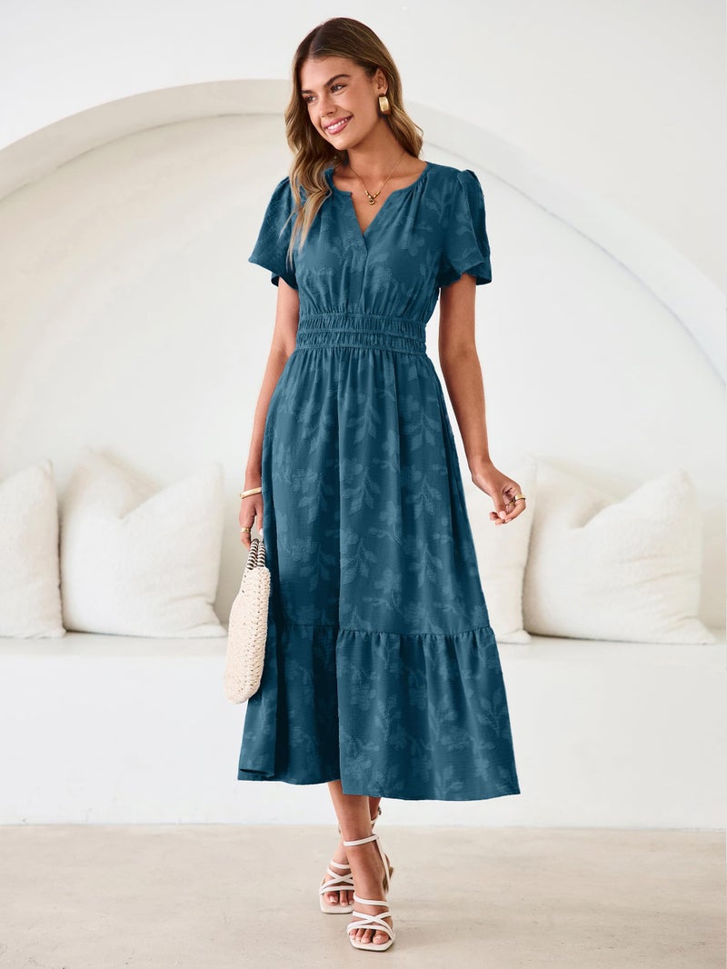 Simplee Womens Summer Boho Maxi Dress Semi Formal Wedding Guest Short Sleeve V Neck Empire Waist Floral Long Dresses Lake Blue S - Image 2