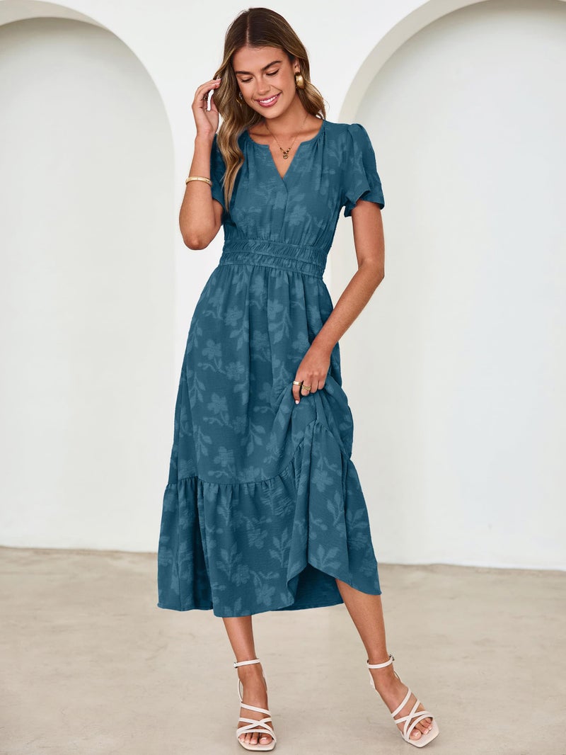 Simplee Womens Summer Boho Maxi Dress Semi Formal Wedding Guest Short Sleeve V Neck Empire Waist Floral Long Dresses Lake Blue S - Image 5
