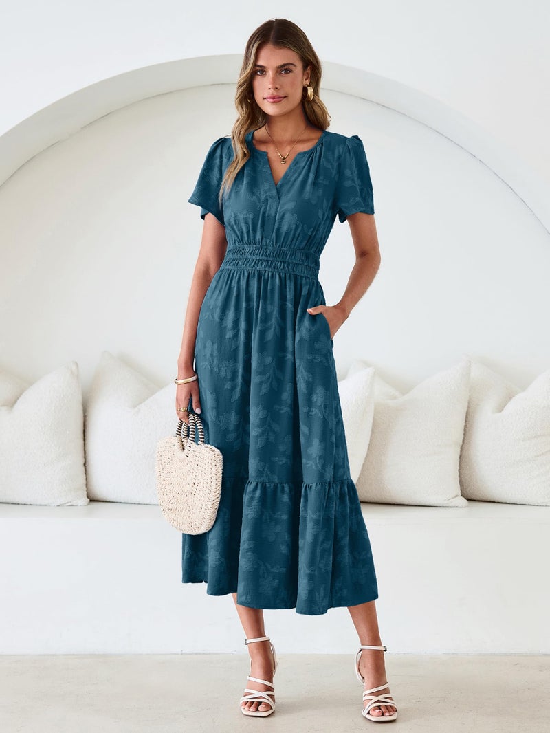 Simplee Womens Summer Boho Maxi Dress Semi Formal Wedding Guest Short Sleeve V Neck Empire Waist Floral Long Dresses Lake Blue S - Image 3