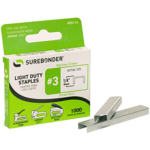 Surebonder 55114 Light Duty 1/4-Inch Leg Length, .441-Inch Crown Staples, Arrow JT21 Type, 1000 Count - Image 3