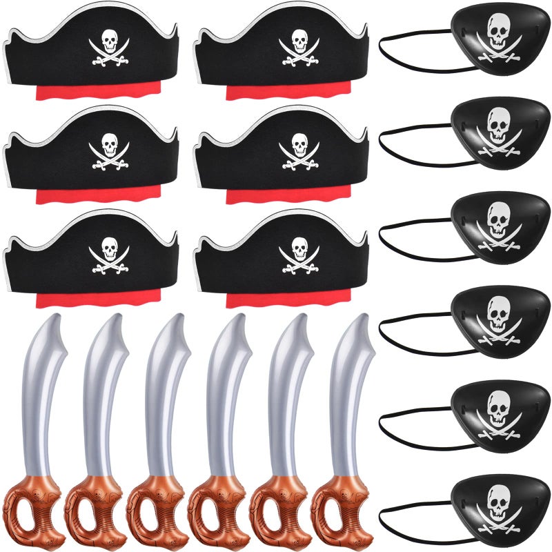 ZeeDix Pirate Party Favors Set - 18 Pieces with 6 Pirate Hats, 6 Eye Patches, 6 Swords for Adults, Perfect for Halloween, Birthday Parties and Photo Props - Image 1