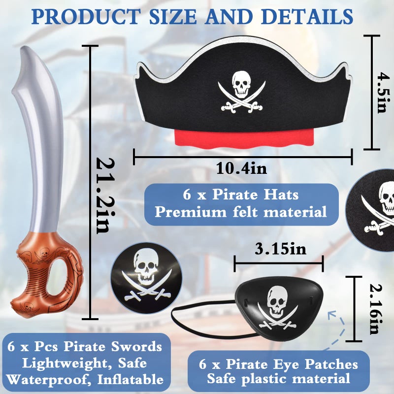 ZeeDix Pirate Party Favors Set - 18 Pieces with 6 Pirate Hats, 6 Eye Patches, 6 Swords for Adults, Perfect for Halloween, Birthday Parties and Photo Props - Image 2