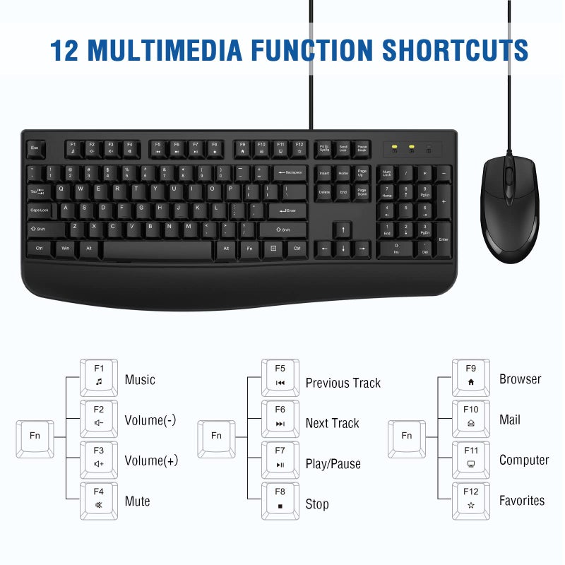 EDJO Wired Keyboard and Mouse Combo, EDJO Full-Sized Ergonomic Computer Keyboard with Palm Rest and Optical Wired Mouse for Windows, Mac OS Desktop/Laptop/PC - Image 4