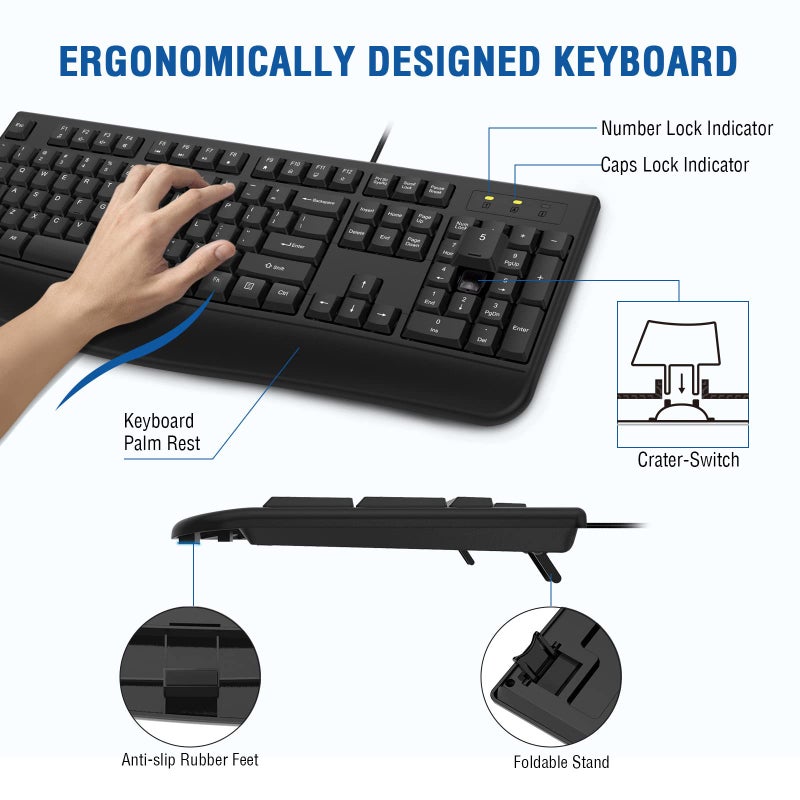 EDJO Wired Keyboard and Mouse Combo, EDJO Full-Sized Ergonomic Computer Keyboard with Palm Rest and Optical Wired Mouse for Windows, Mac OS Desktop/Laptop/PC - Image 2