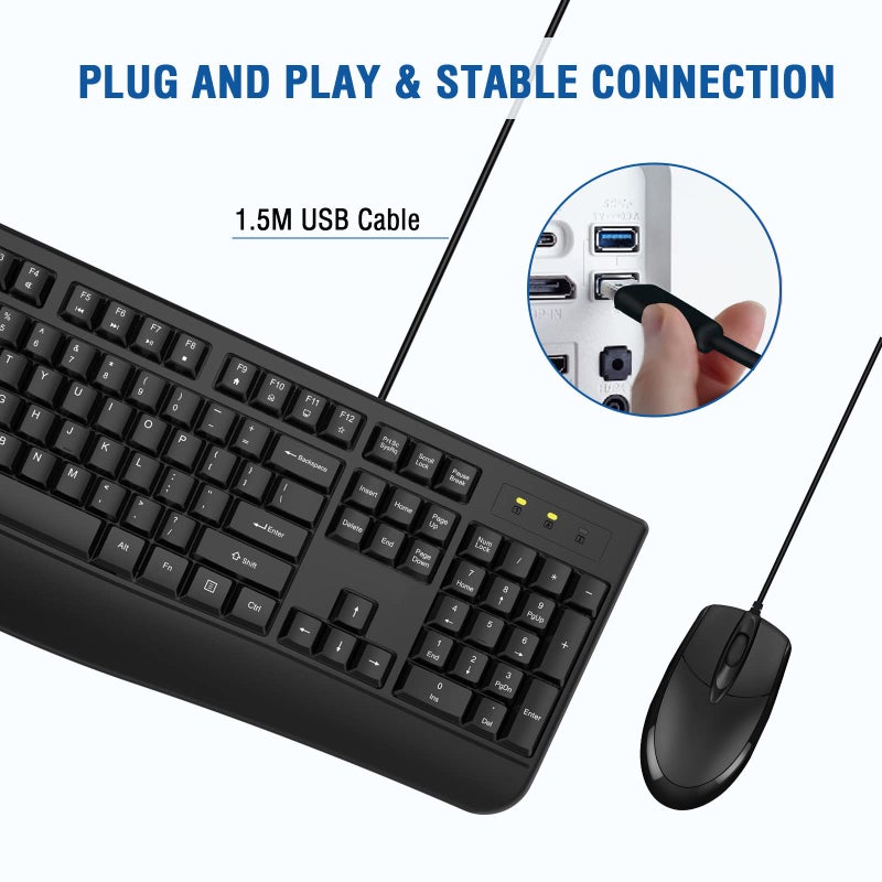 EDJO Wired Keyboard and Mouse Combo, EDJO Full-Sized Ergonomic Computer Keyboard with Palm Rest and Optical Wired Mouse for Windows, Mac OS Desktop/Laptop/PC - Image 3