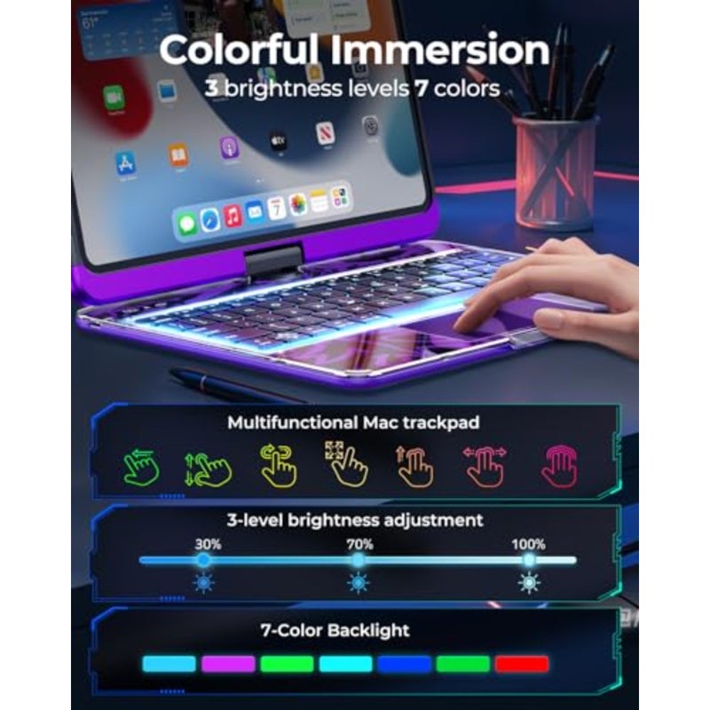 Clear Wireless Keyboard Case for iPad A16 11th Gen 11-inch 2025 10th Gen 10.9-inch 2022, with Pencil Holder, Multi-Touch Trackpad, 7-Color Backlit, 360 Rotatable, Purple - Image 3