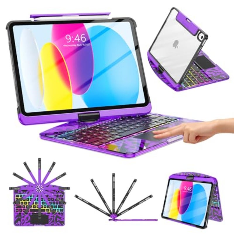 Clear Wireless Keyboard Case for iPad A16 11th Gen 11-inch 2025 10th Gen 10.9-inch 2022, with Pencil Holder, Multi-Touch Trackpad, 7-Color Backlit, 360 Rotatable, Purple - Image 1