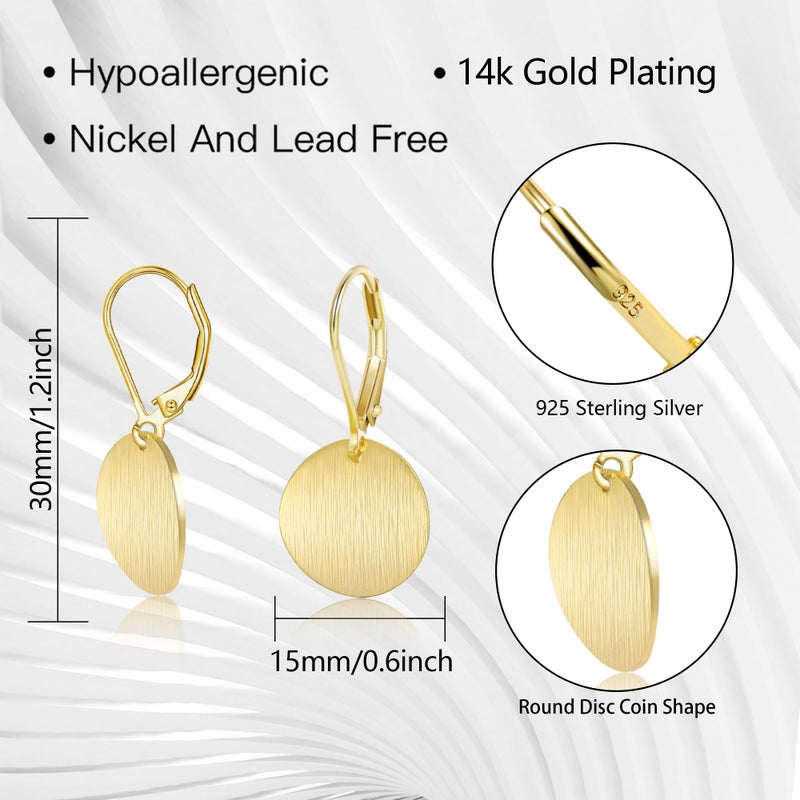 LANCHARMED 14K Gold Dangle Earrings for Women Hypoallergenic Lightweight Circle Disc Coin Brushed Drop Dangle Earrings Leverback Earring for Jewelry Gifts - Image 5