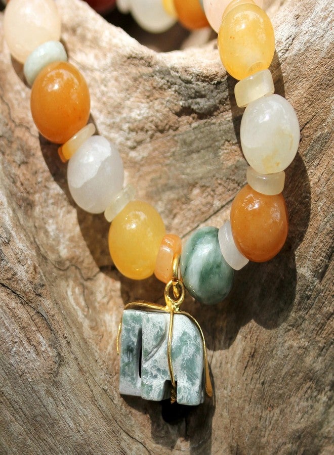 NOVICA Artisan Jade and Quartz Beaded Charm Bracelet with Elephant Gold Accent Green Stretch Thailand Animal Themed Birthstone [6.25 in Inner Circ. 10 mm W Pendant(s) 0.8 in L x 0.7 in W] ' Elephant - Image 2