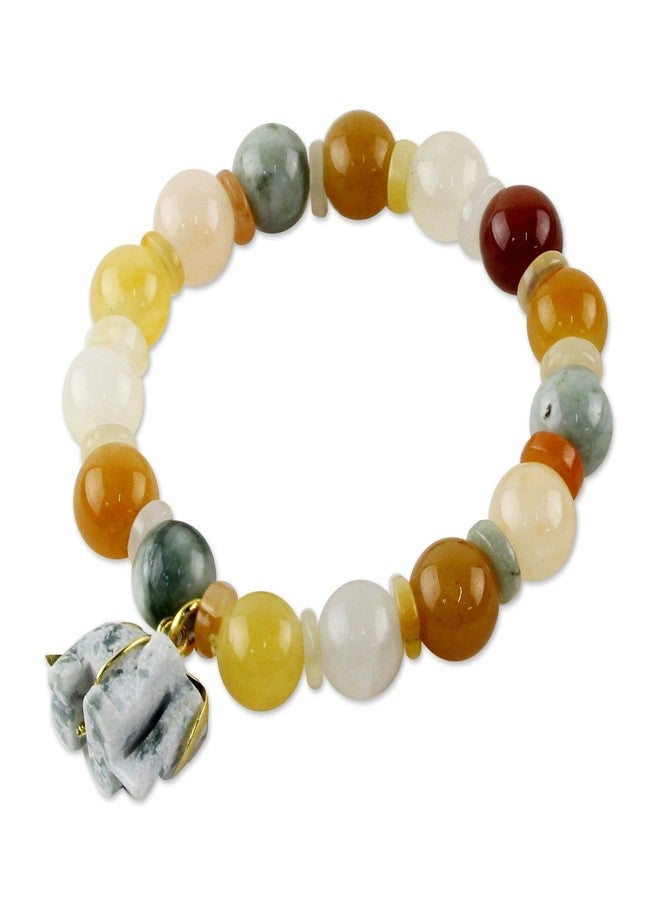 NOVICA Artisan Jade and Quartz Beaded Charm Bracelet with Elephant Gold Accent Green Stretch Thailand Animal Themed Birthstone [6.25 in Inner Circ. 10 mm W Pendant(s) 0.8 in L x 0.7 in W] ' Elephant - Image 1