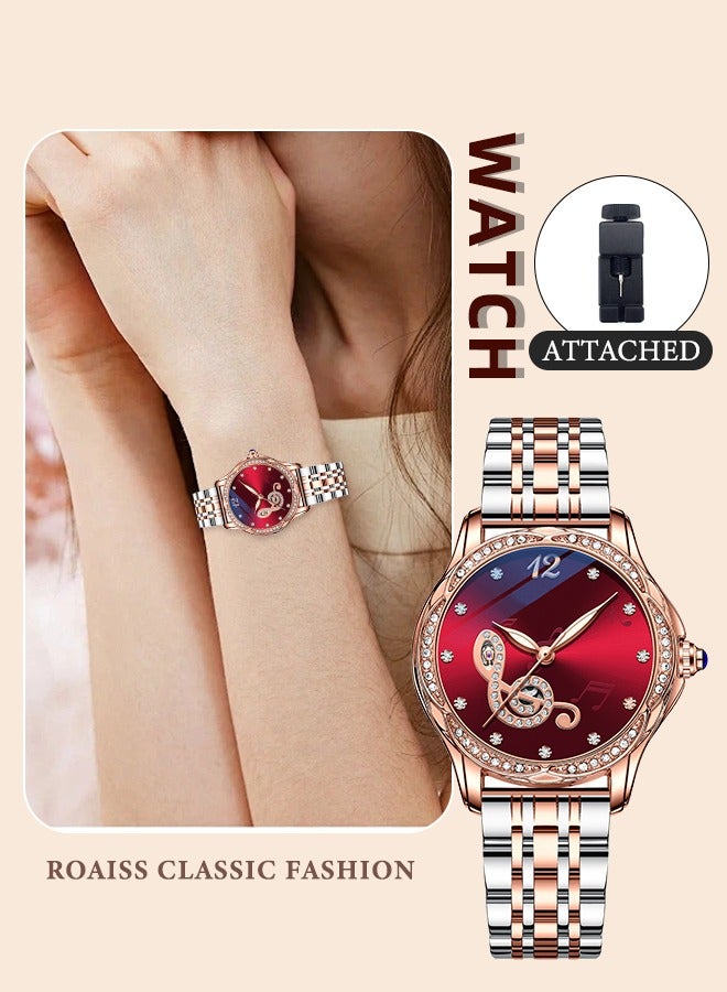 رويس ساعة ميكانيكية للنساء بحزام من الفولاذ المقاوم للصدأ، ساعة ذات قرص أحمر دائري مزينة بأحجار الراين ساعة فاخرة مضيئة مقاومة للماء كهدية للسيدات - Image 1