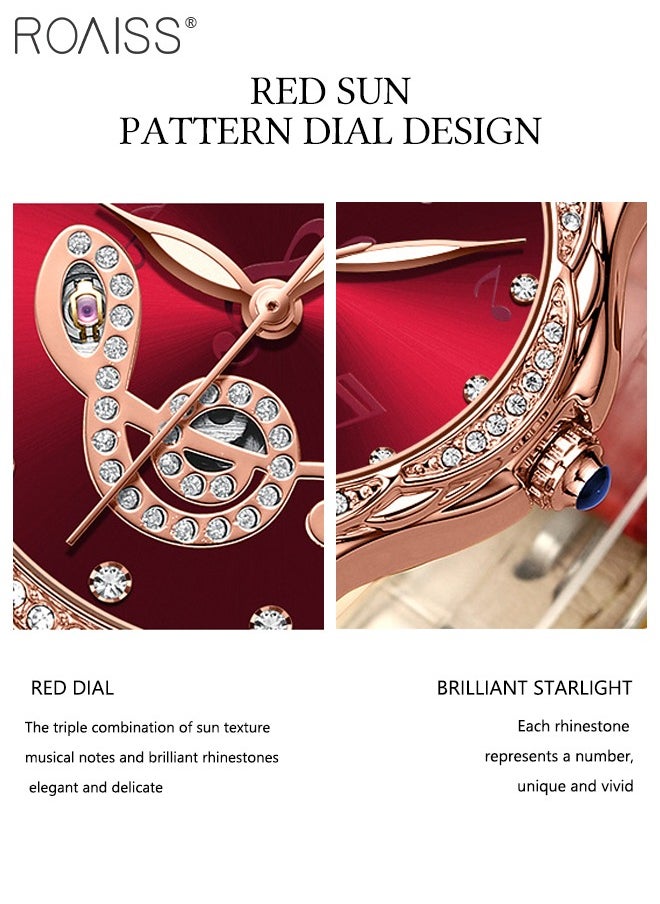 roaiss - Women's Stainless Steel Strap Mechanical Watch Analog Display Round Red Dial Watch with Rhinestones Decoration Waterproof Luminous Luxurious Watch as Gift for Ladies - Image 1