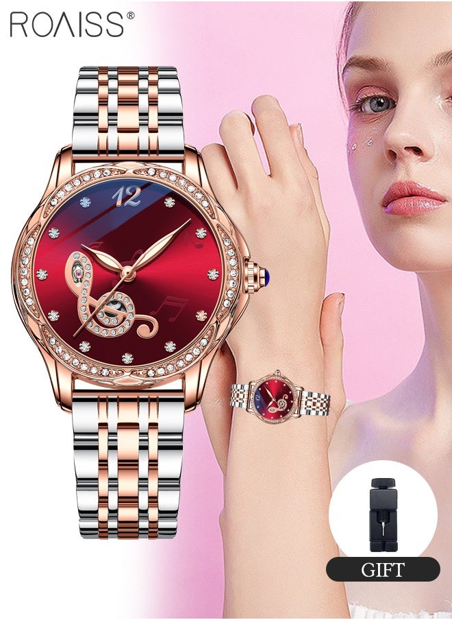 roaiss - Women's Stainless Steel Strap Mechanical Watch Analog Display Round Red Dial Watch with Rhinestones Decoration Waterproof Luminous Luxurious Watch as Gift for Ladies - Image 1