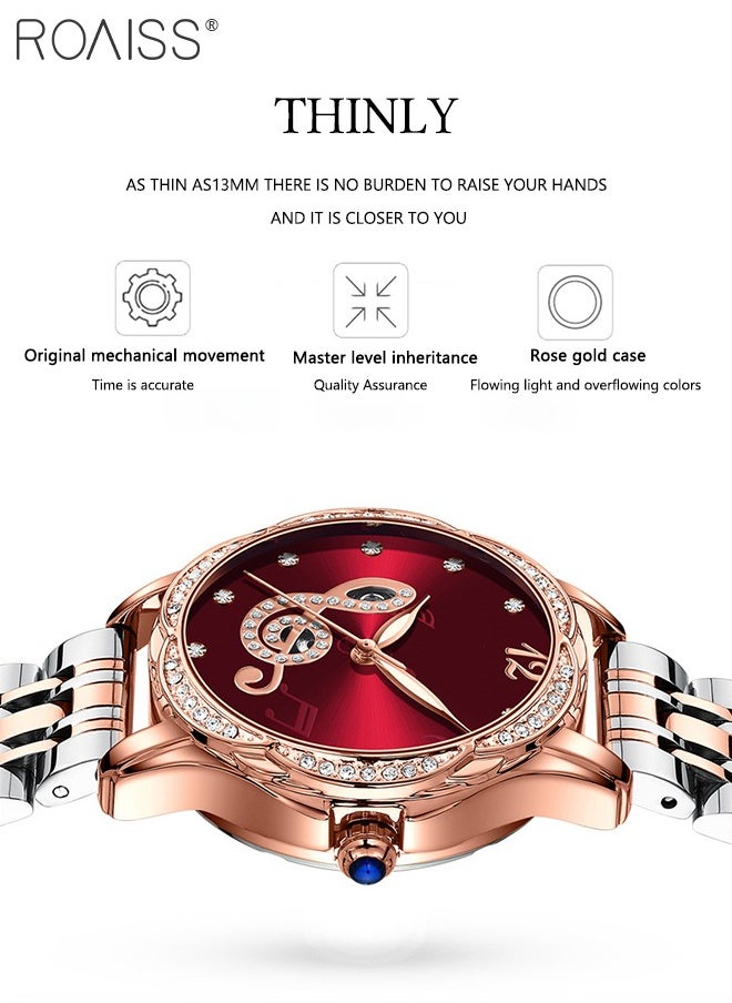 roaiss - Women's Stainless Steel Strap Mechanical Watch Analog Display Round Red Dial Watch with Rhinestones Decoration Waterproof Luminous Luxurious Watch as Gift for Ladies - Image 1