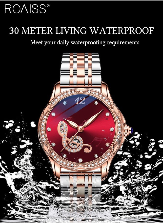 roaiss - Women's Stainless Steel Strap Mechanical Watch Analog Display Round Red Dial Watch with Rhinestones Decoration Waterproof Luminous Luxurious Watch as Gift for Ladies - Image 1