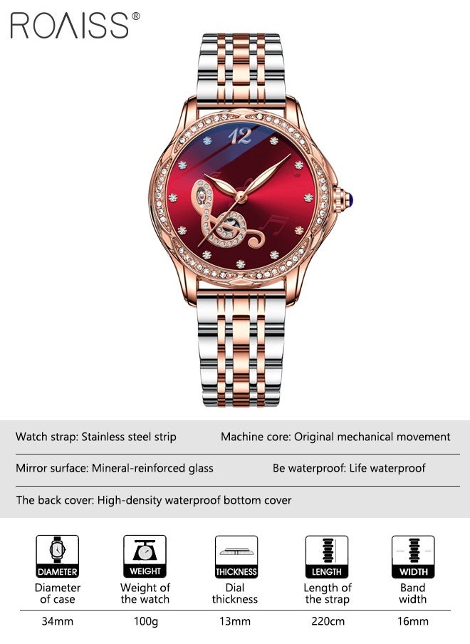 roaiss - Women's Stainless Steel Strap Mechanical Watch Analog Display Round Red Dial Watch with Rhinestones Decoration Waterproof Luminous Luxurious Watch as Gift for Ladies - Image 1