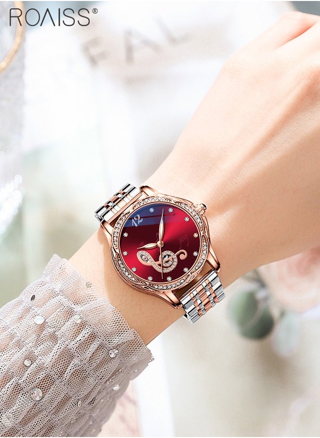 roaiss - Women's Stainless Steel Strap Mechanical Watch Analog Display Round Red Dial Watch with Rhinestones Decoration Waterproof Luminous Luxurious Watch as Gift for Ladies - Image 1