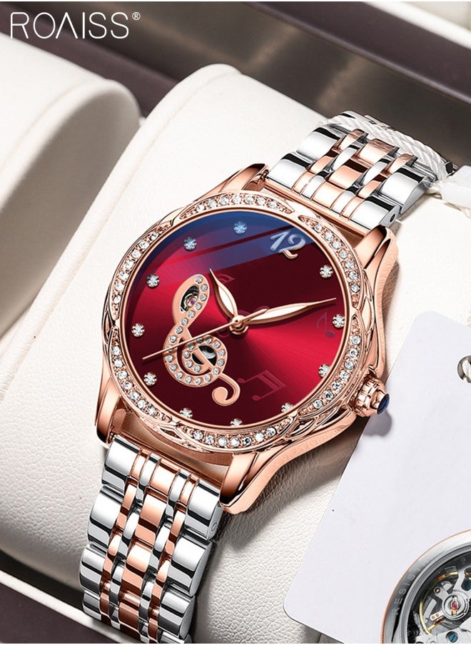 roaiss - Women's Stainless Steel Strap Mechanical Watch Analog Display Round Red Dial Watch with Rhinestones Decoration Waterproof Luminous Luxurious Watch as Gift for Ladies - Image 1