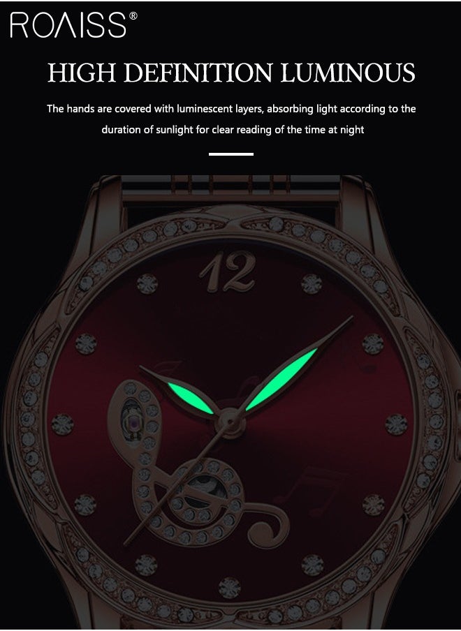 roaiss - Women's Stainless Steel Strap Mechanical Watch Analog Display Round Red Dial Watch with Rhinestones Decoration Waterproof Luminous Luxurious Watch as Gift for Ladies - Image 1
