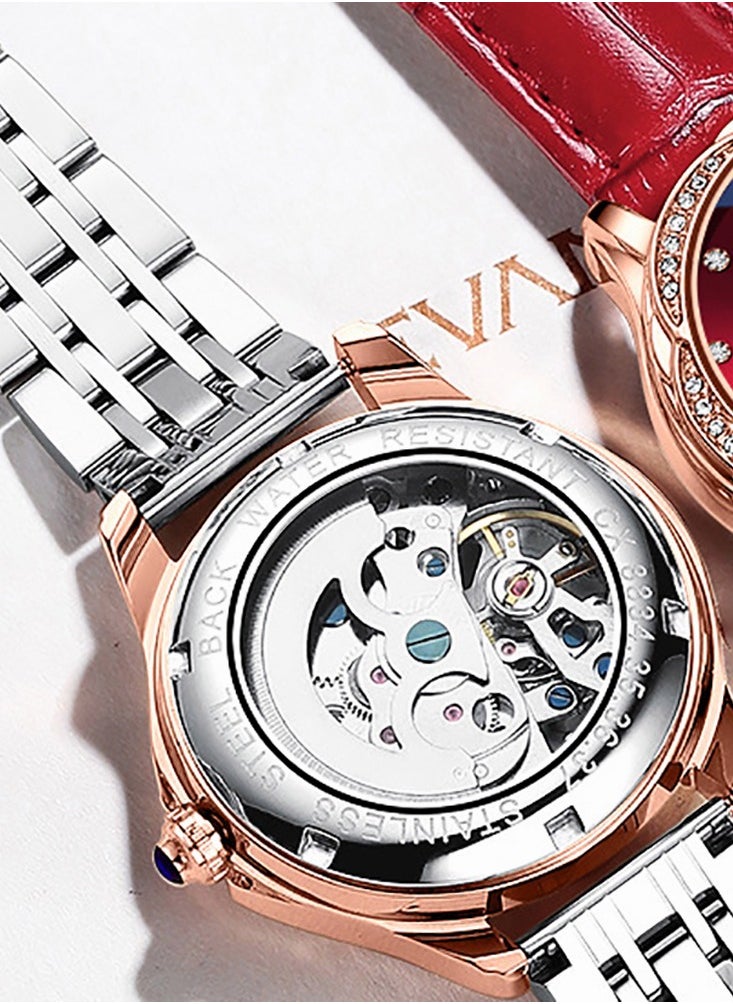 roaiss - Women's Stainless Steel Strap Mechanical Watch Analog Display Round Red Dial Watch with Rhinestones Decoration Waterproof Luminous Luxurious Watch as Gift for Ladies - Image 1
