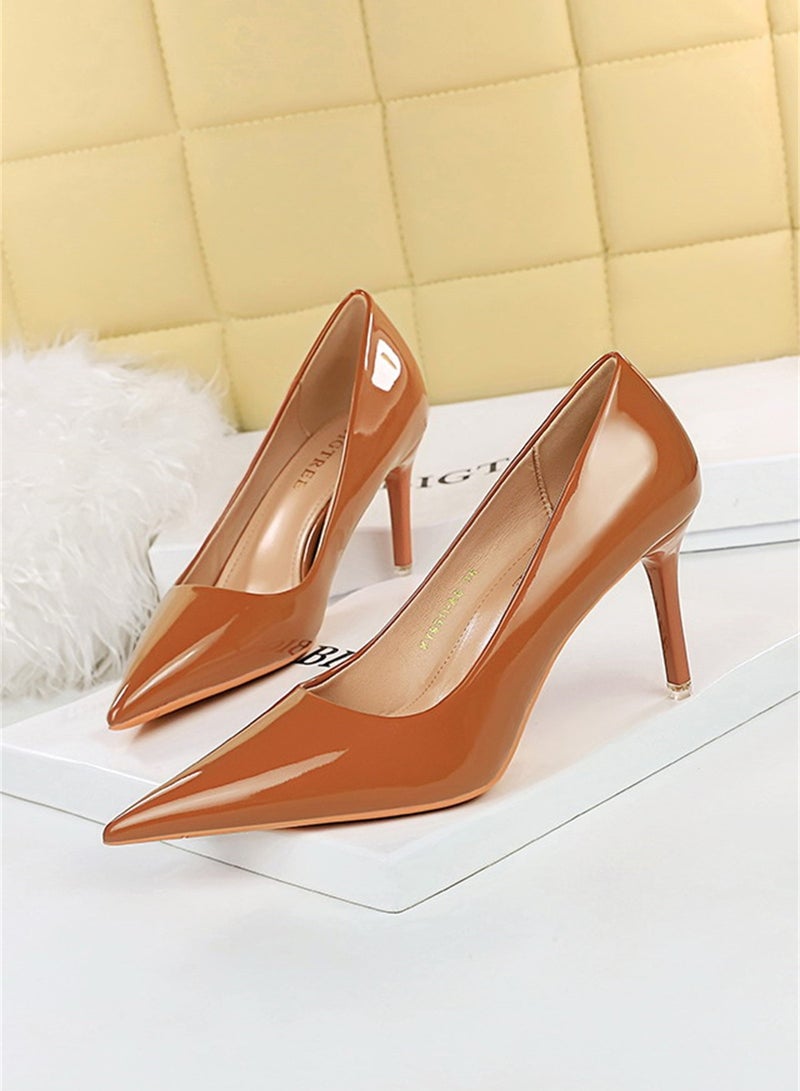 BIGTREE 7.5cm Fashion Simple Slim Heels High Heels Bright Surface Patent Leather Shallow Mouth Pointed Women's Heels Nave Brown - Image 1