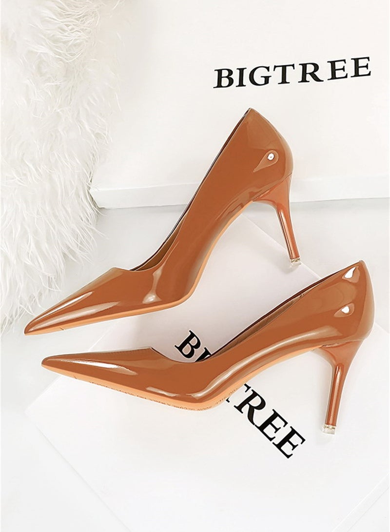 BIGTREE 7.5cm Fashion Simple Slim Heels High Heels Bright Surface Patent Leather Shallow Mouth Pointed Women's Heels Nave Brown - Image 2