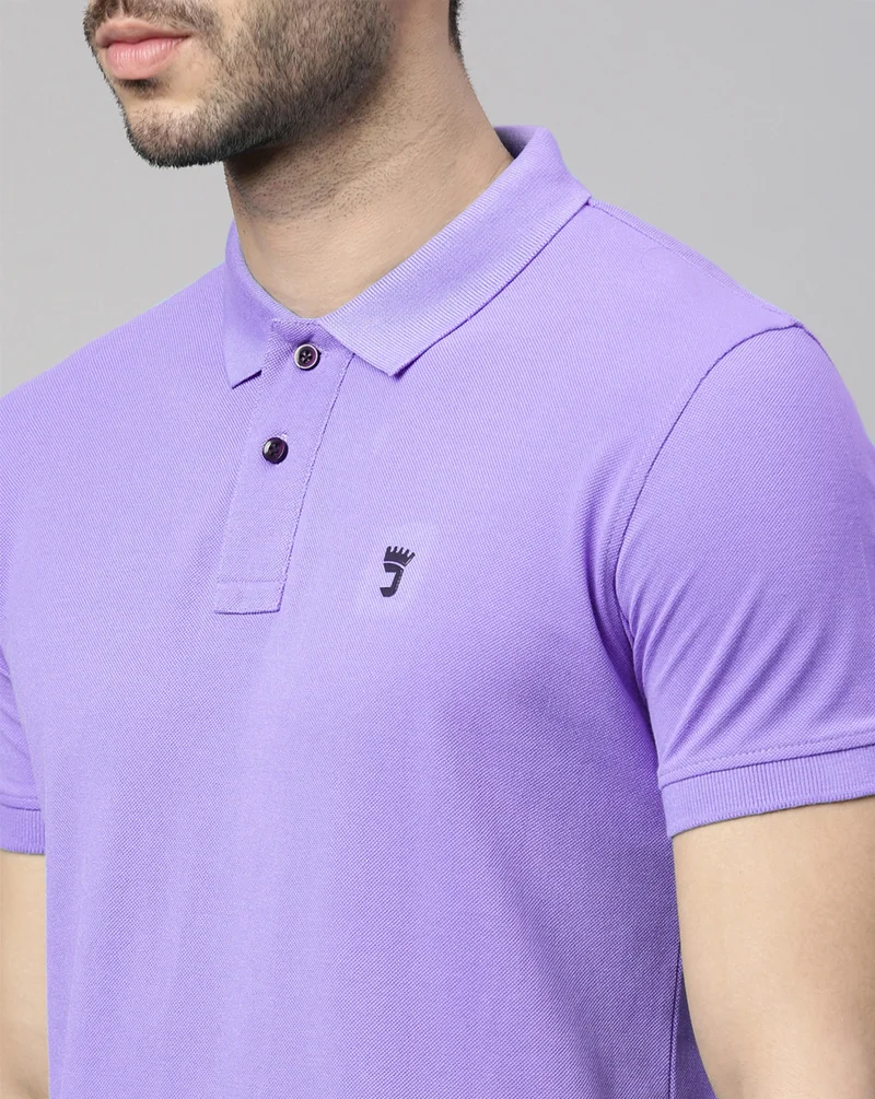 Joven Men Lilac Solid Polo Collar Pure Cotton T-Shirt