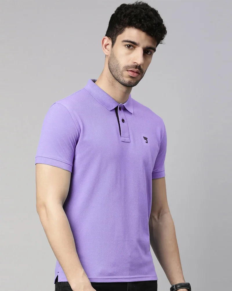 Joven Men Lilac Solid Polo Collar Pure Cotton T-Shirt