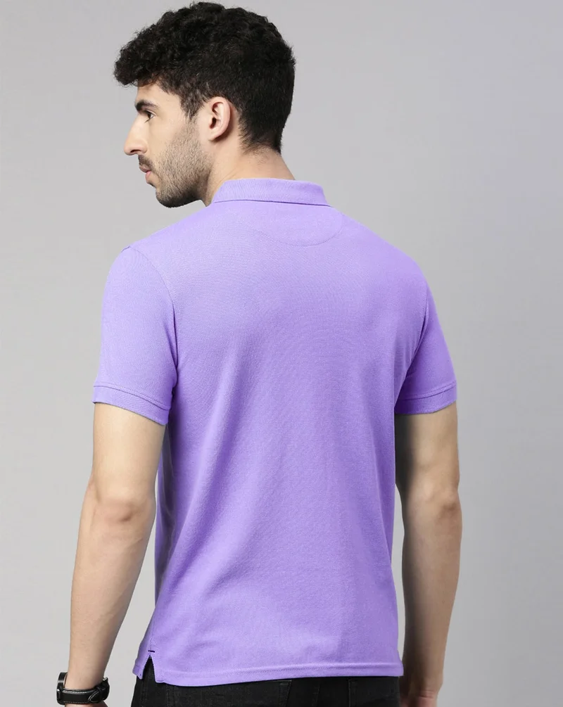 Joven Men Lilac Solid Polo Collar Pure Cotton T-Shirt