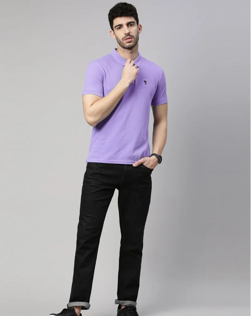 Joven Men Lilac Solid Polo Collar Pure Cotton T-Shirt